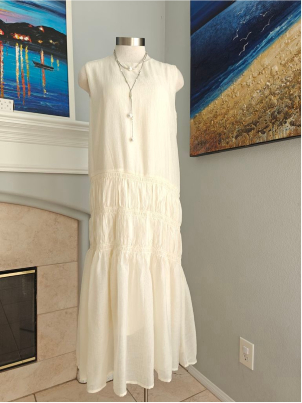 Women's Cream Sleeveless Tiered Maxi Dress